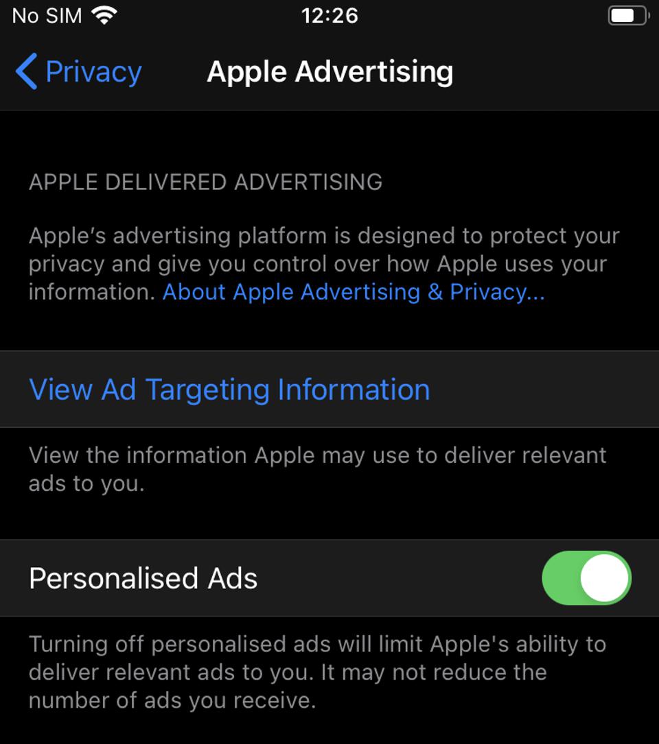 Painel de Anúncios da Apple nos Ajustes do iOS 14