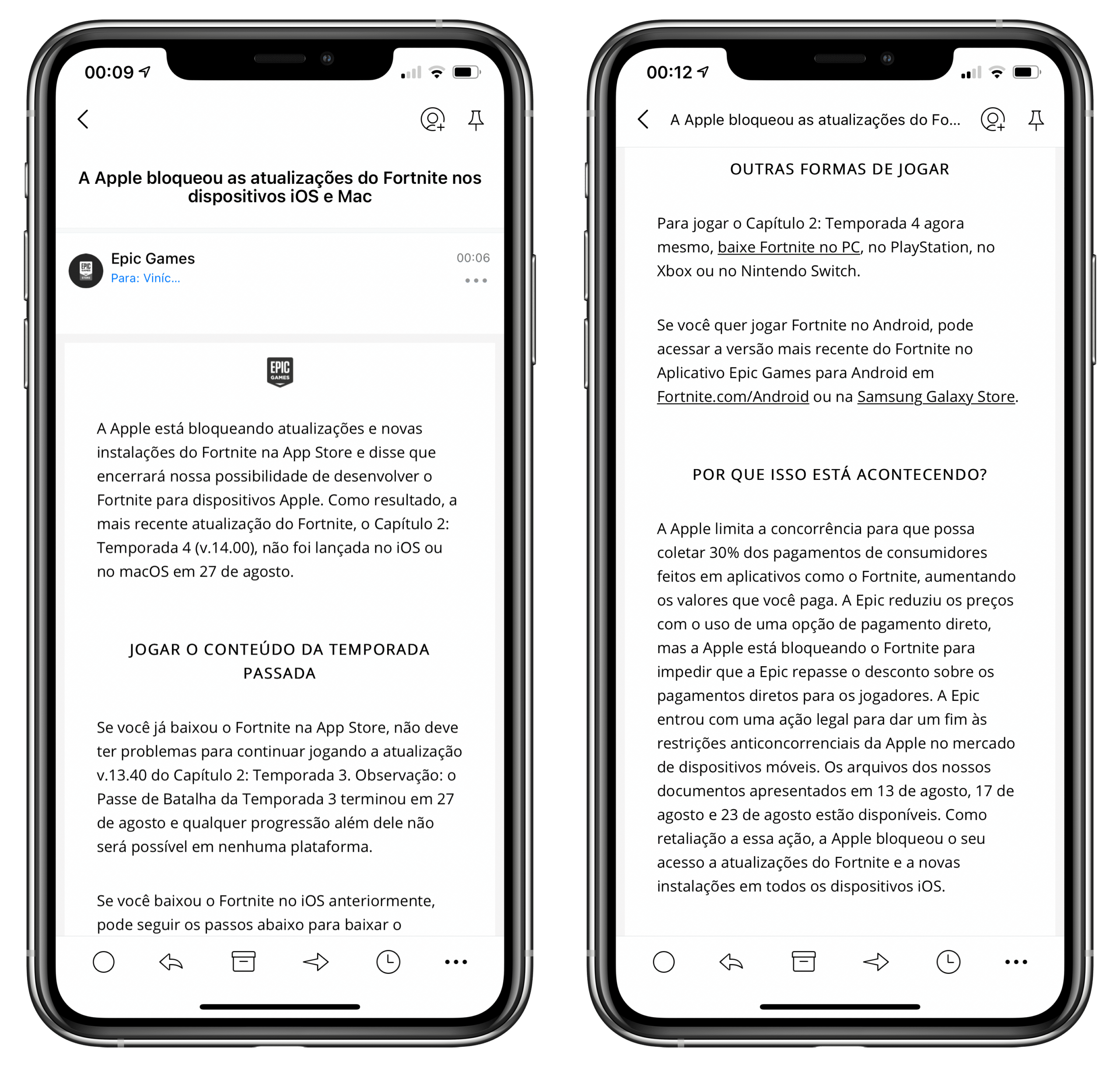 Email da Epic sobre Fortnite bloqueado