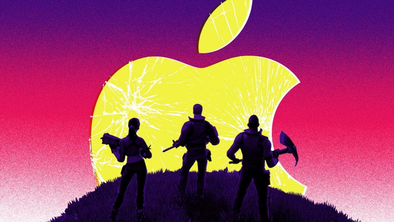 Personagens de Fornite em frente o logo da Apple