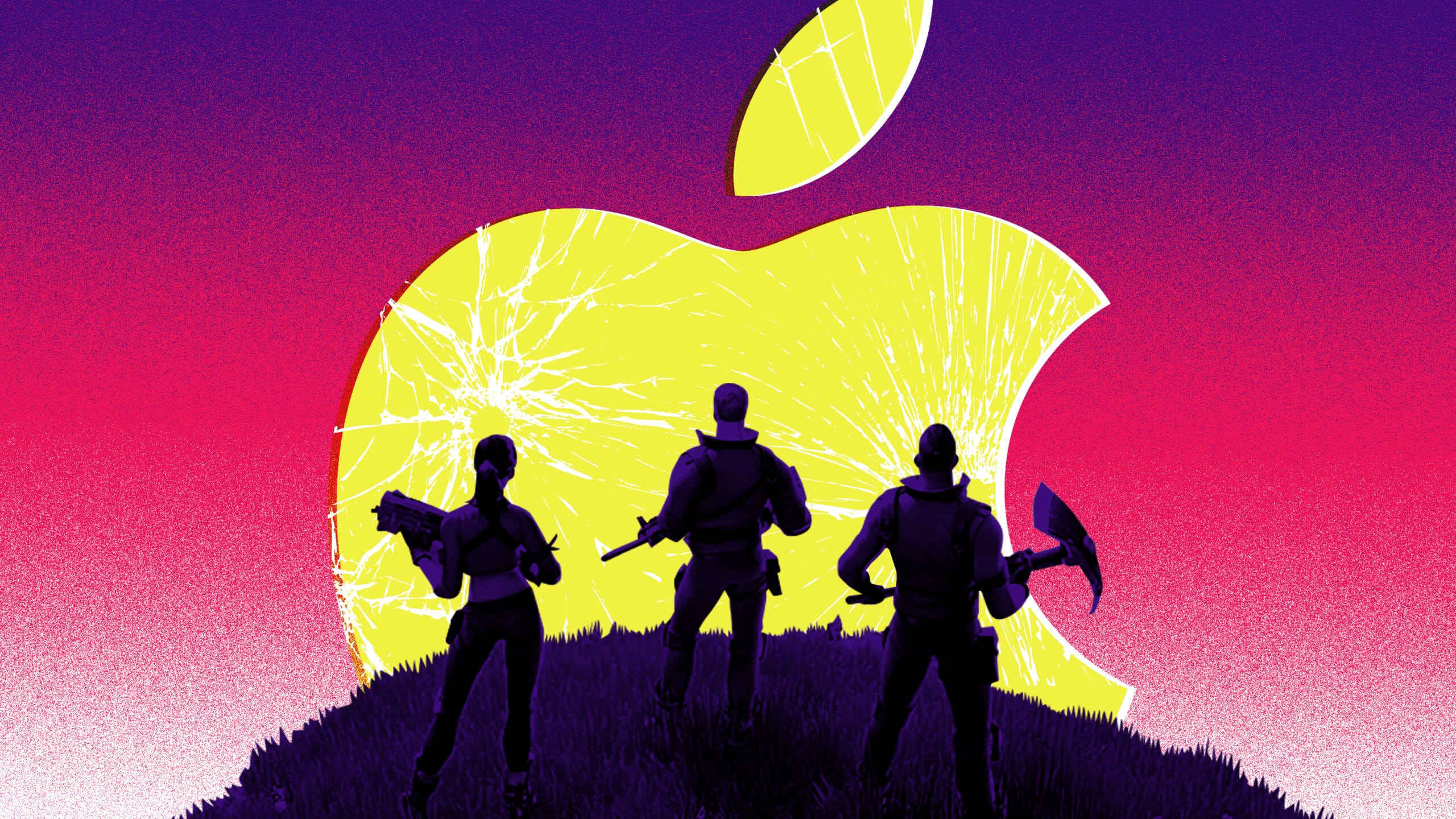 Personagens de Fornite em frente o logo da Apple