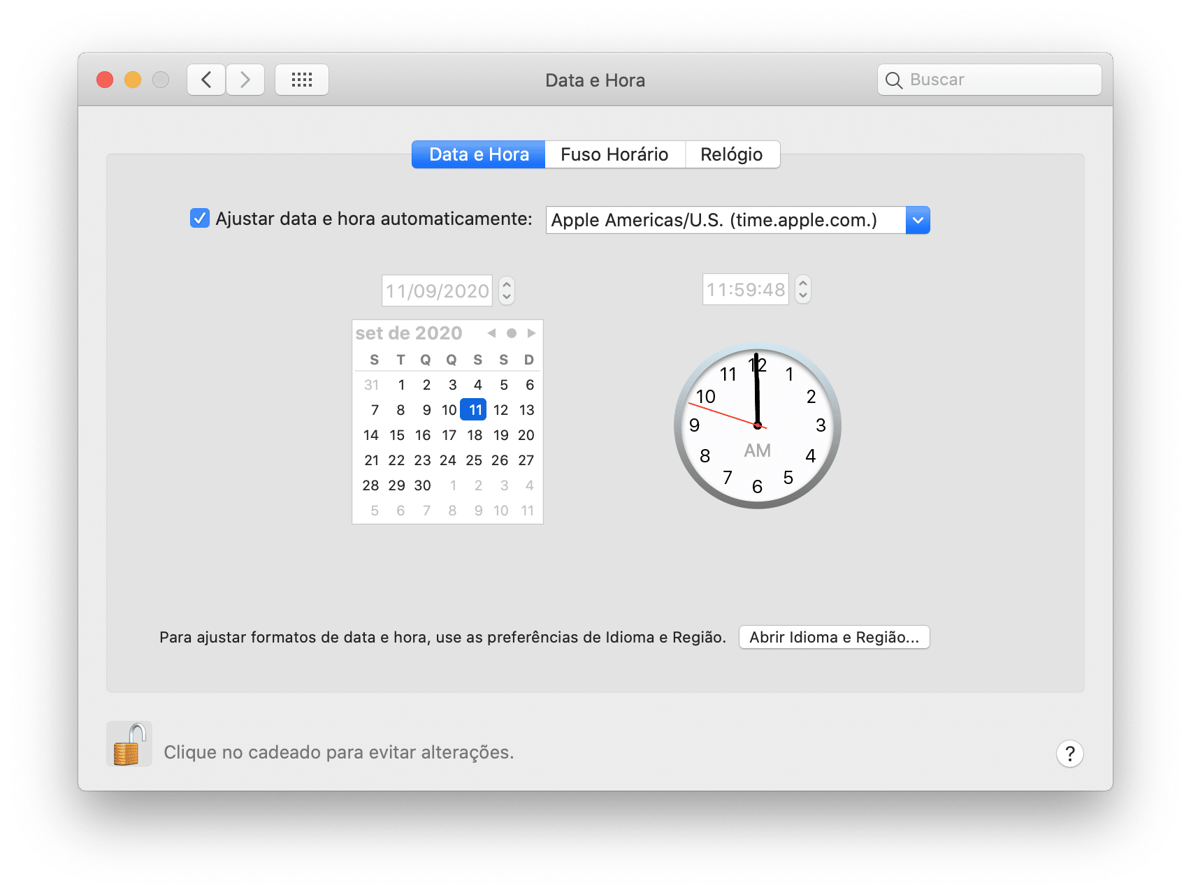 Ajustes de Data e Hora do Mac