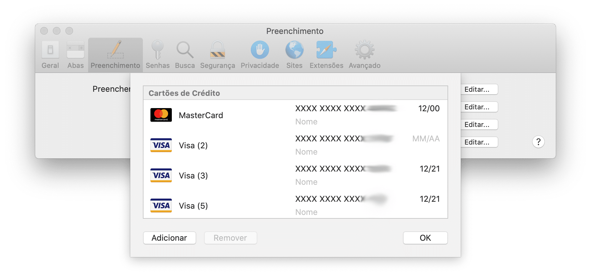 Preenchimento automático de cartões de crédito no Safari