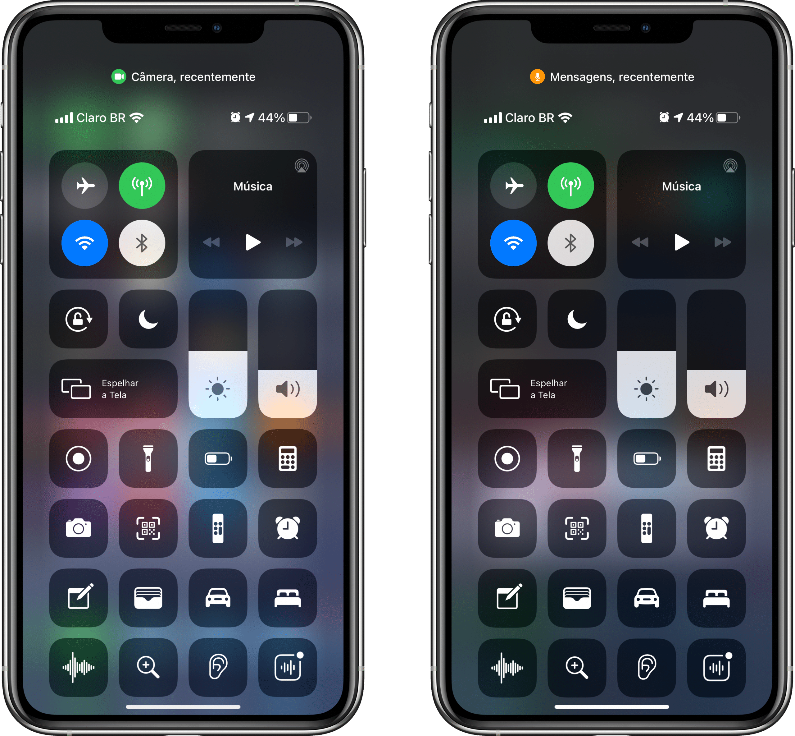 Bolinhas verde e laranja de privacidade no iPhone rodando o iOS 14