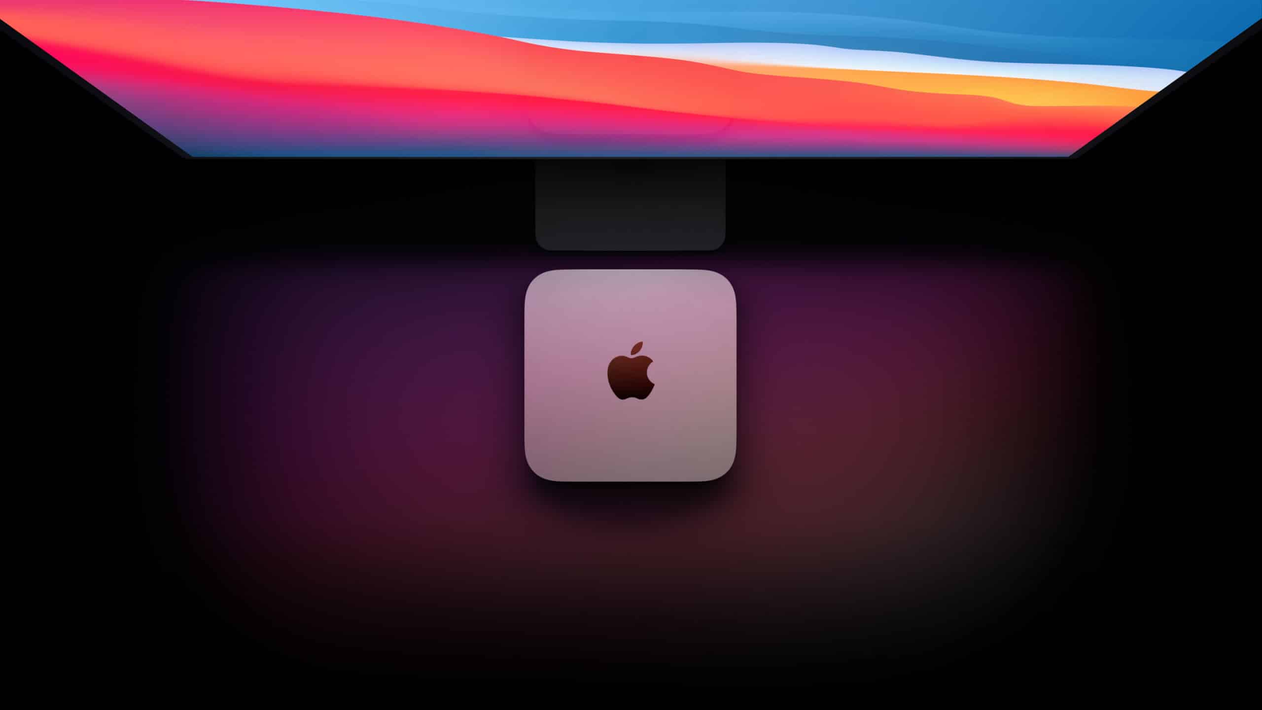 Mac mini com chip Apple A1 visto de cima em frente a Pro Display XDR
