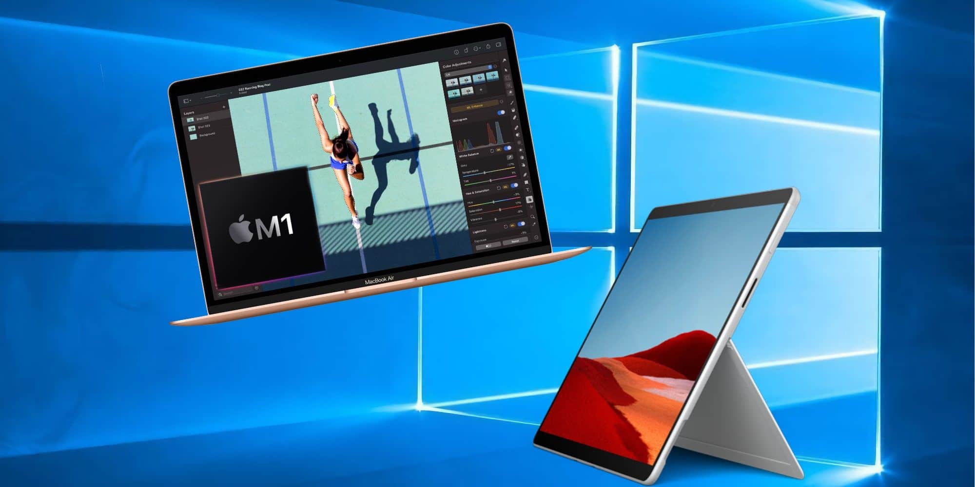 Mac e Surface Pro X na frente do logo do Windows