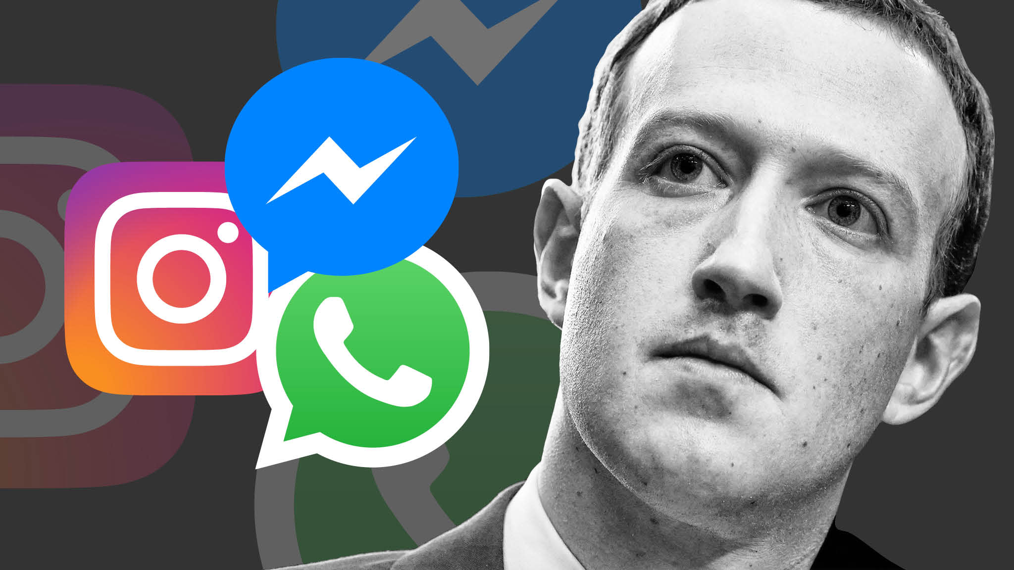 Mark Zuckerberg com os logos do Instagram, do Messenger e do WhatsApp