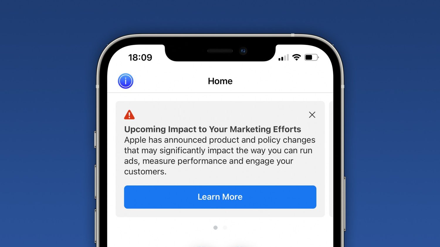 Facebook alertando usuários sobre mudanças do iOS 14