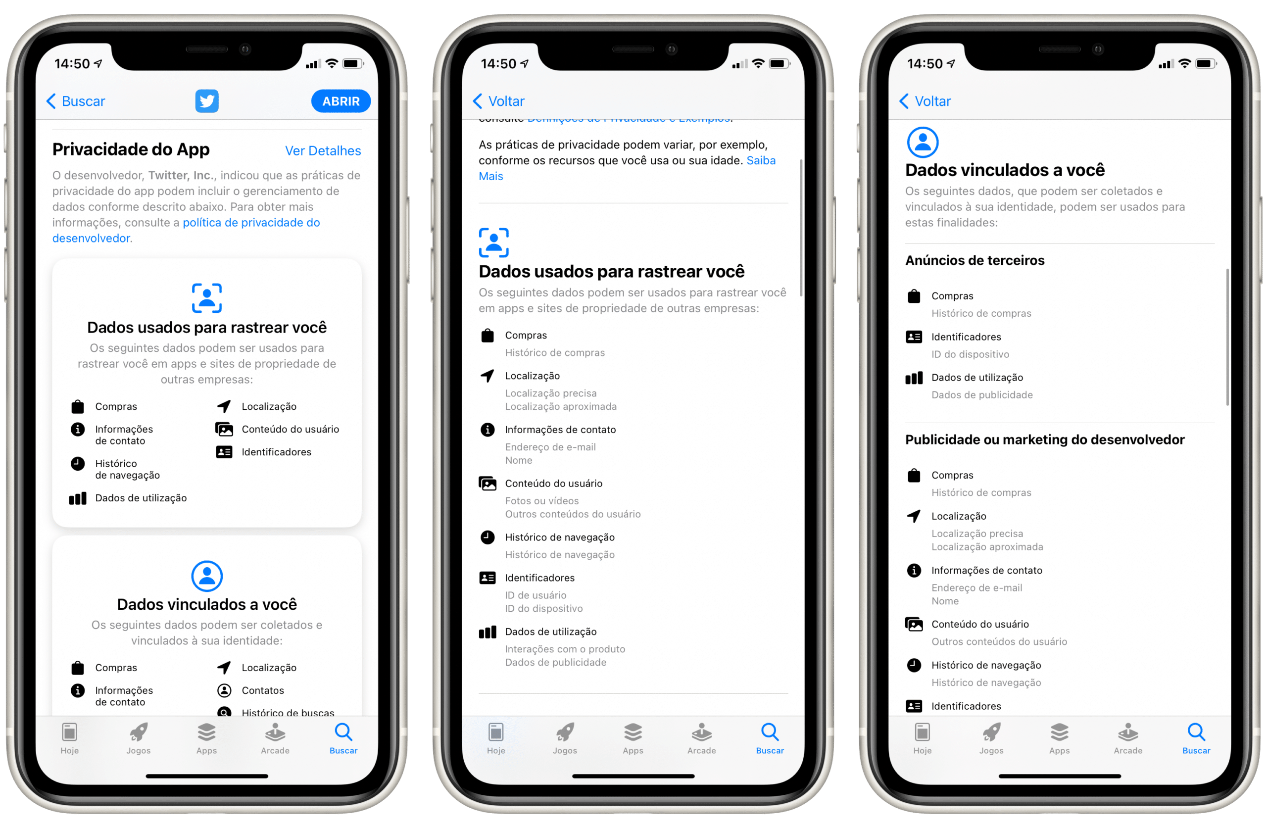 Informações de privacidade no iOS 14.3