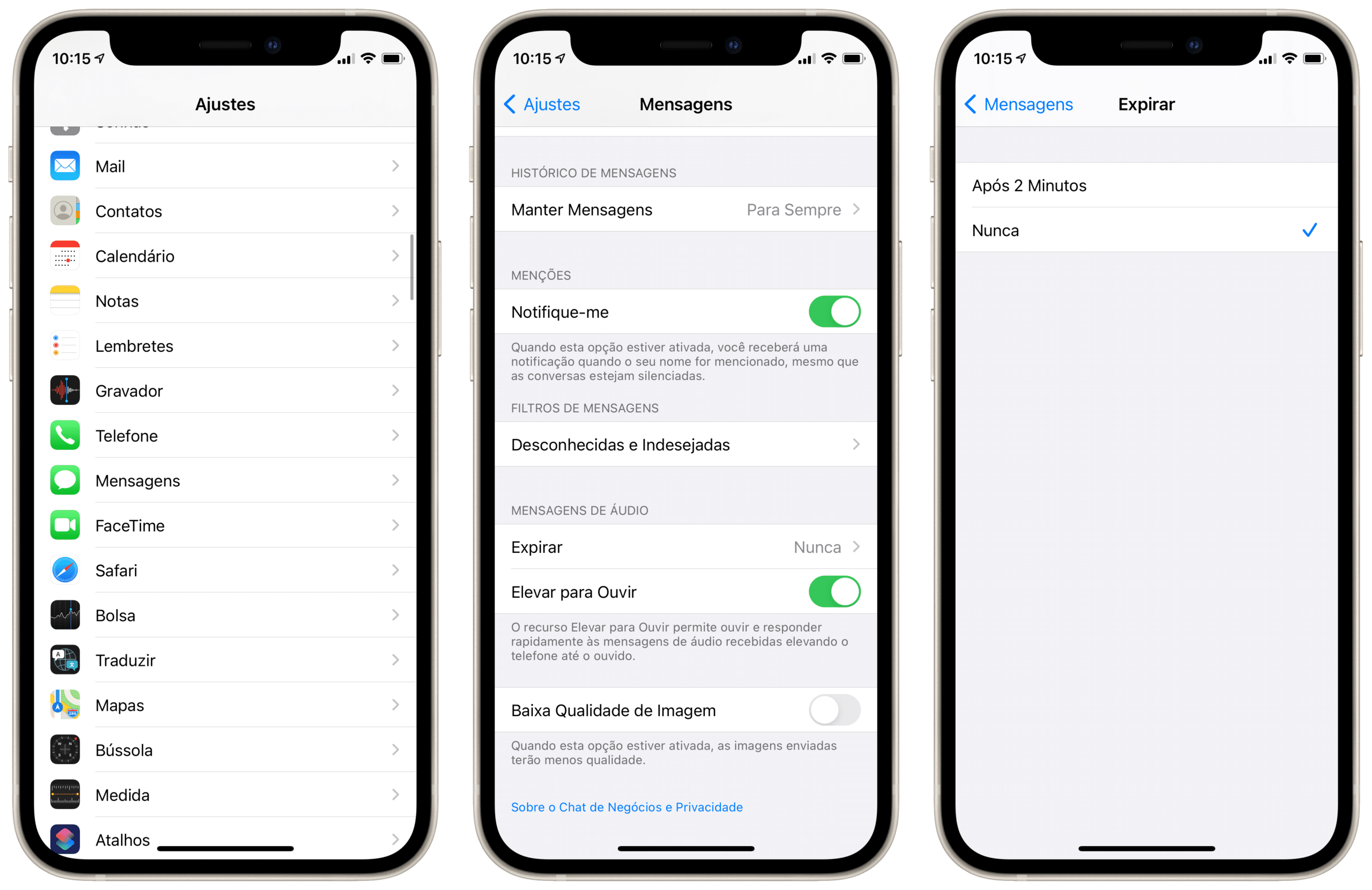 Configurações do Mensagens no iOS