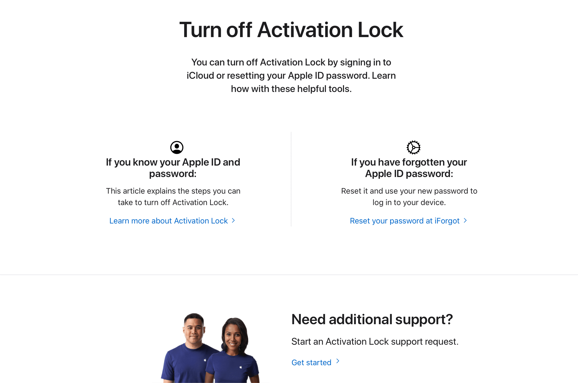 Página de suporte para o Bloqueio de Ativação da Apple