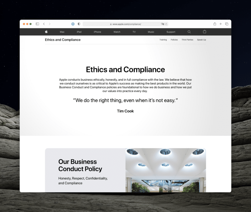 Página de ética e conformidade da Apple