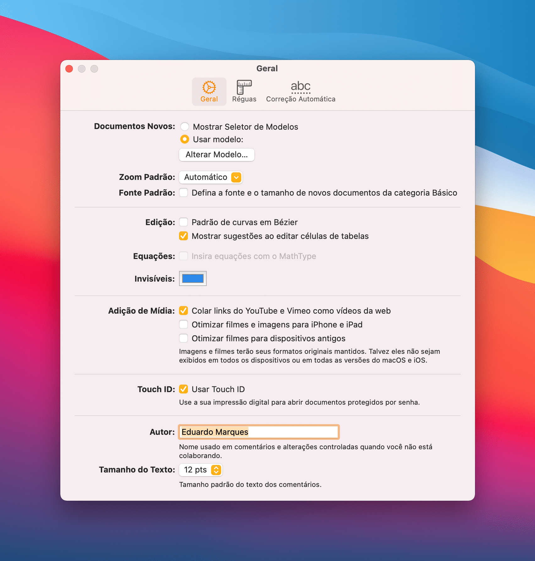 Pages, Numbers e Keynote como escolher um modelo padrão de documento