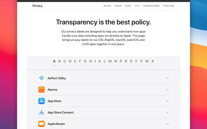Página de privacidade de apps da Apple