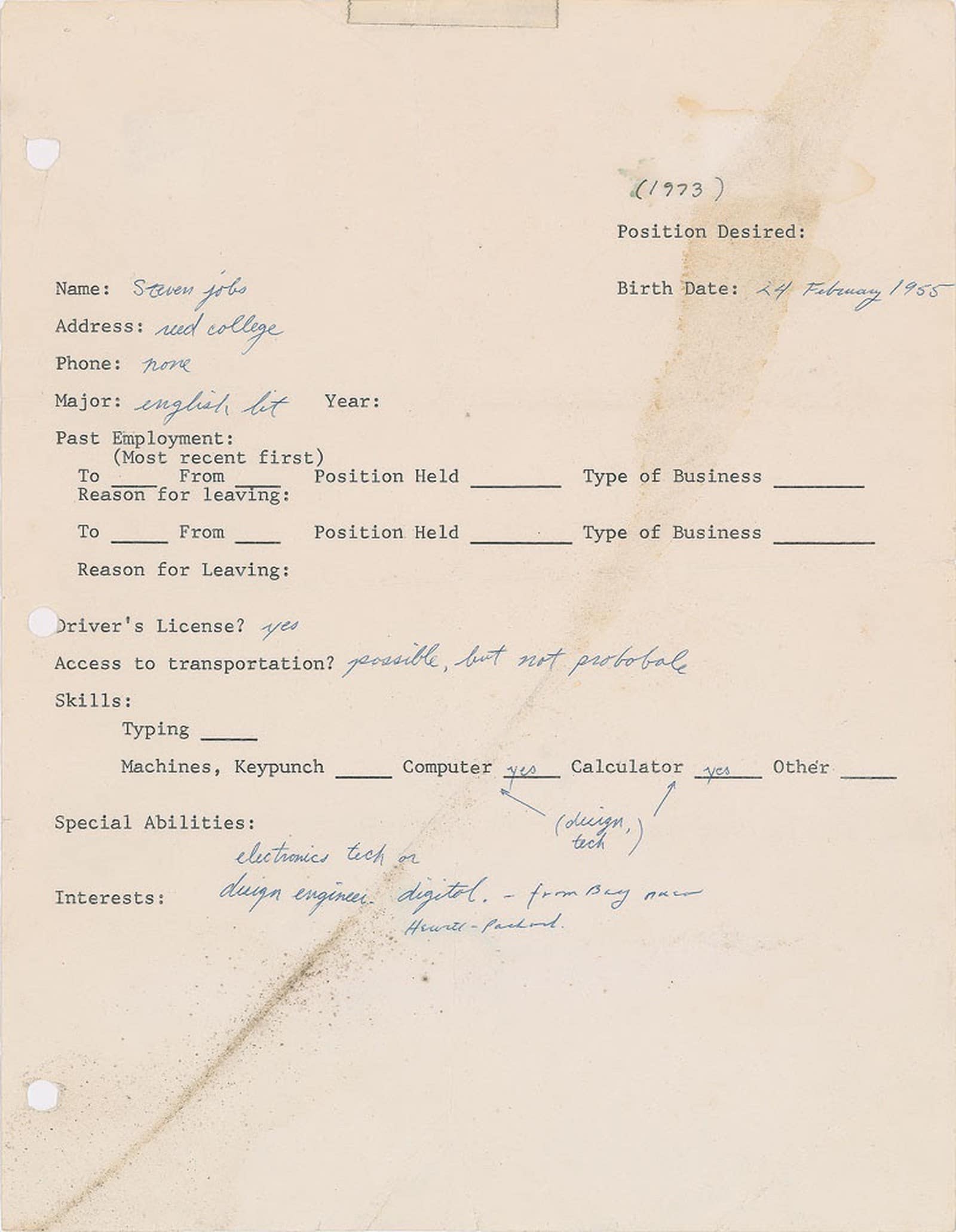 Formulário de emprego preenchido por Steve Jobs em 1973