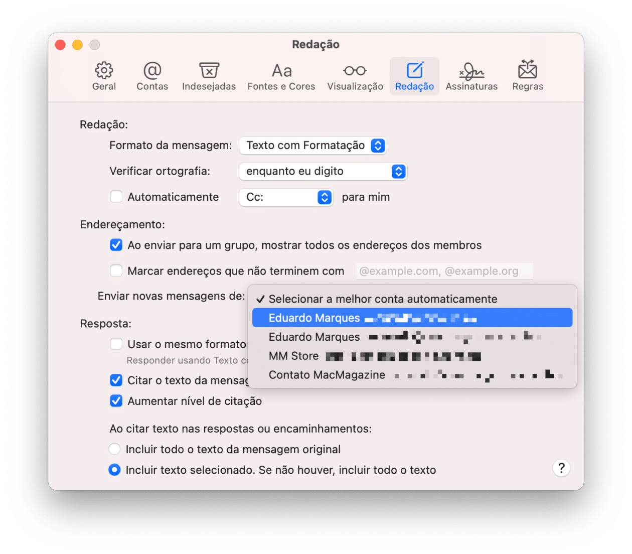 Alterando a conta padrão do Mail no Mac