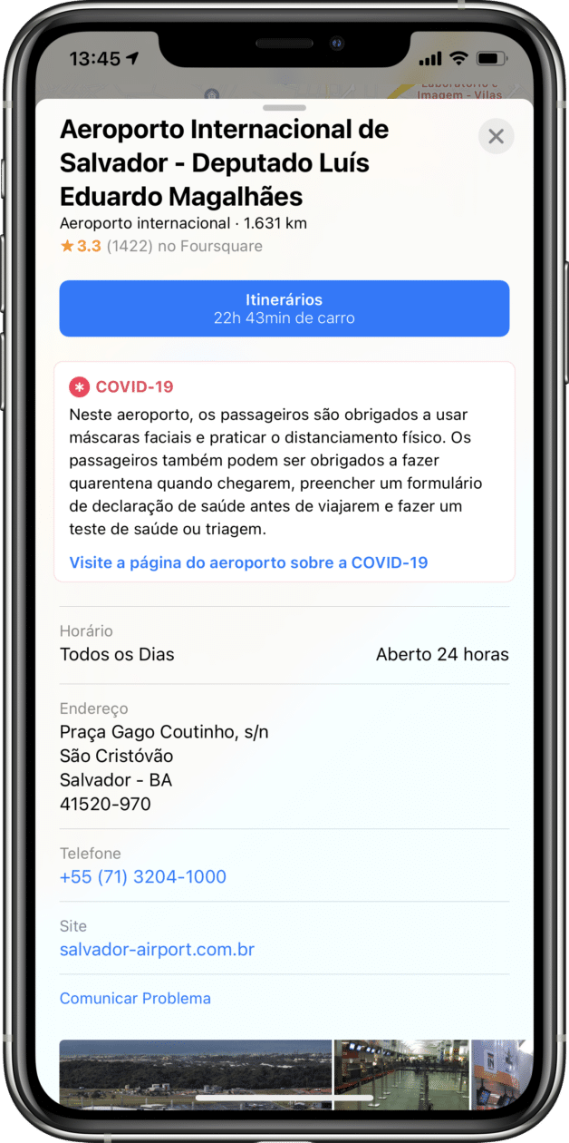 Informações sobre COVID-19 em aeroportos nos Mapas da Apple