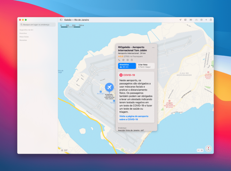 Informações sobre COVID-19 em aeroportos nos Mapas da Apple