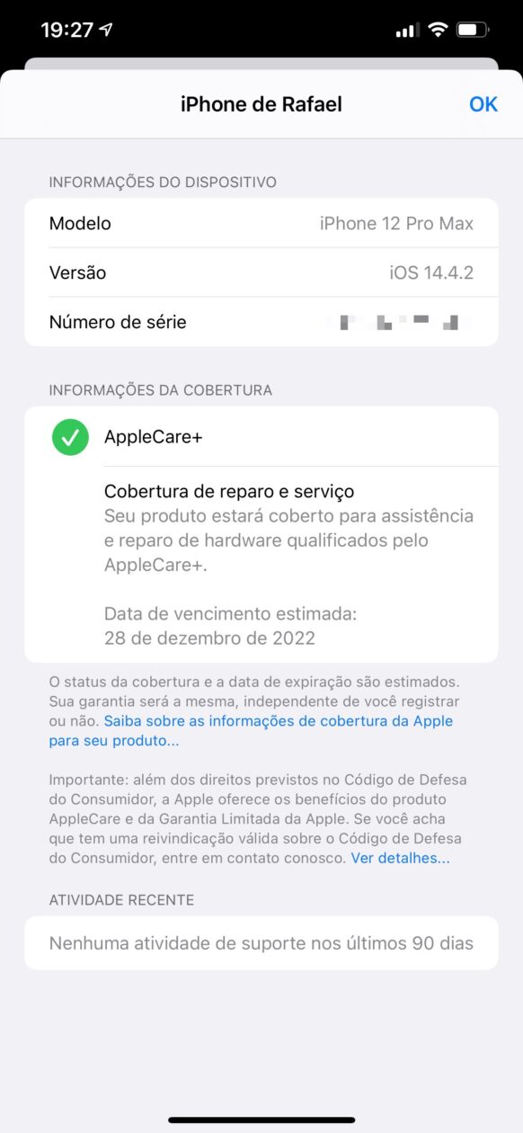 Informações de cobertura no app Suporte da Apple