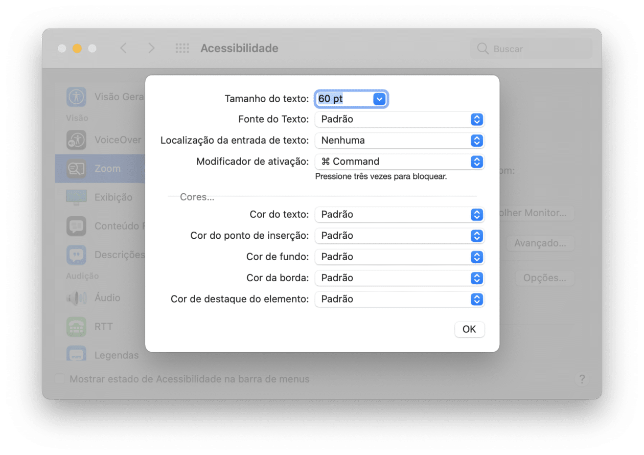 Texto sob Cursor, recurso de acessibilidade do macOS