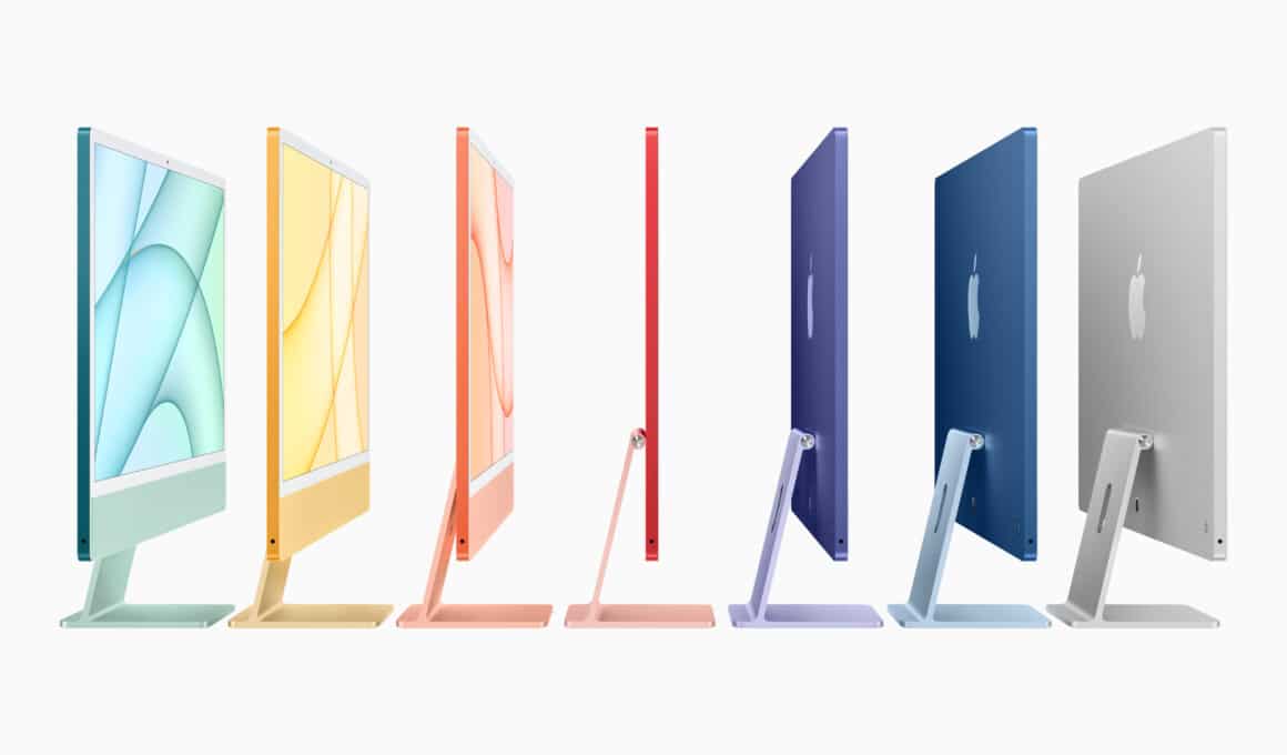 Família de novos iMacs de 24 polegadas com chip M1 coloridos de lado