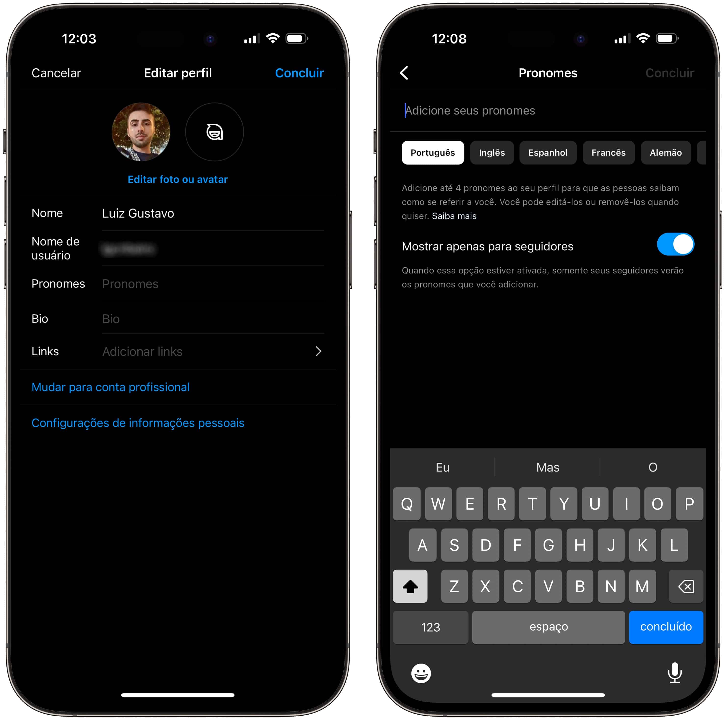 Como colocar pronome no Instagram