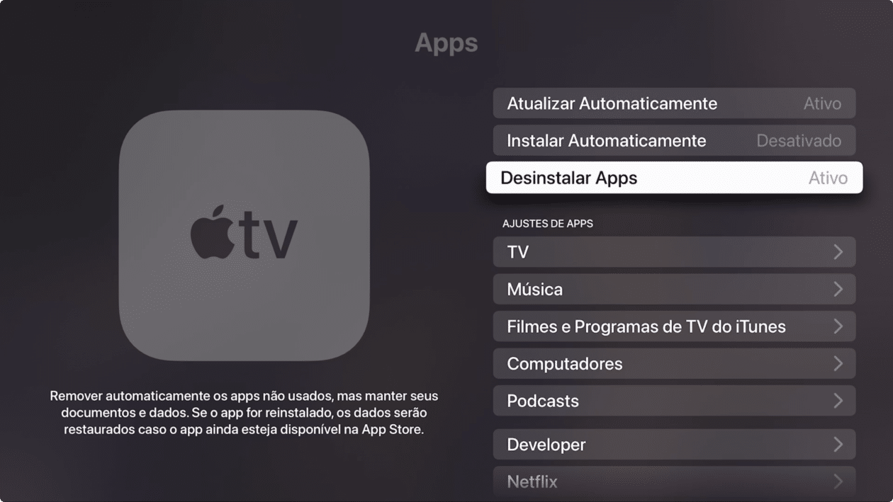 Apagando apps na Apple TV