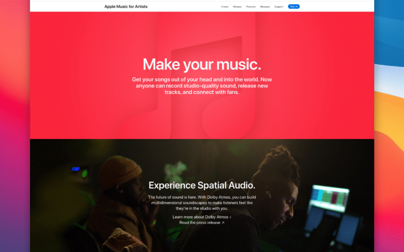 Nova página do Apple Music for Artists