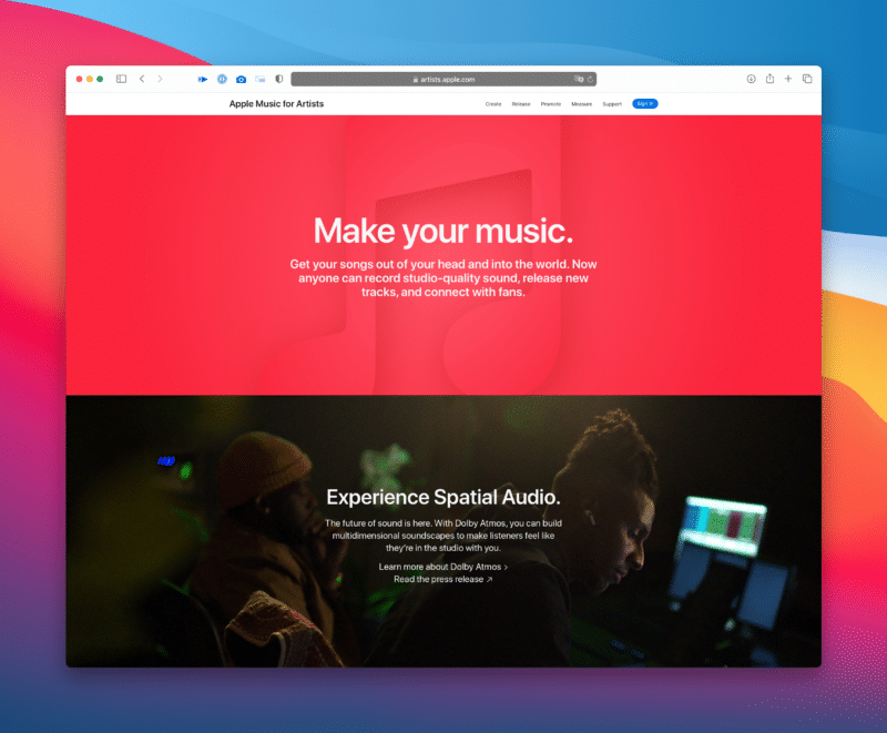 Nova página do Apple Music for Artists