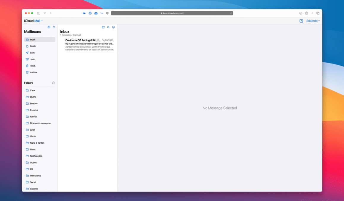Novo visual do iCloud Mail na Web, ainda em fase beta