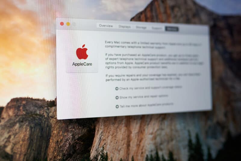 Janela sobre o AppleCare no macOS