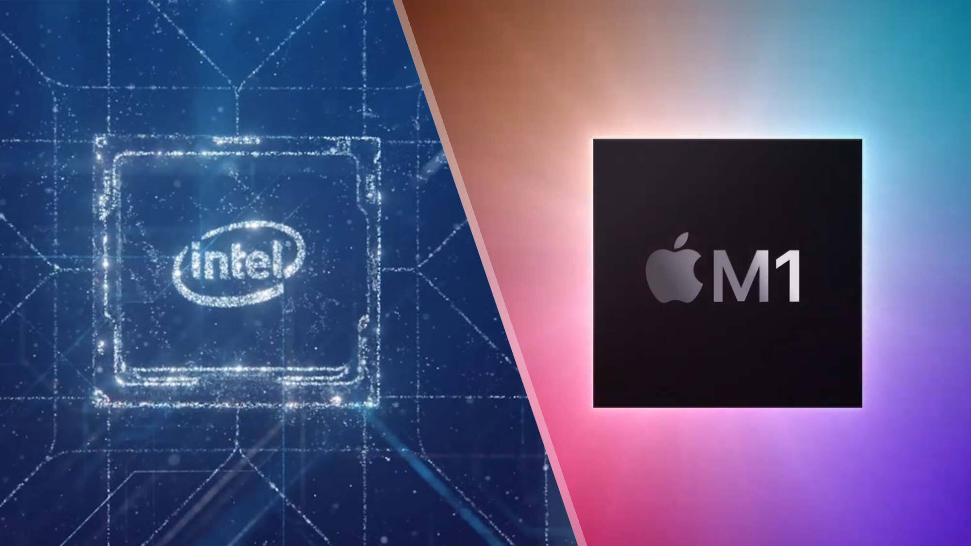 Ilustração de chip da Intel e chip M1