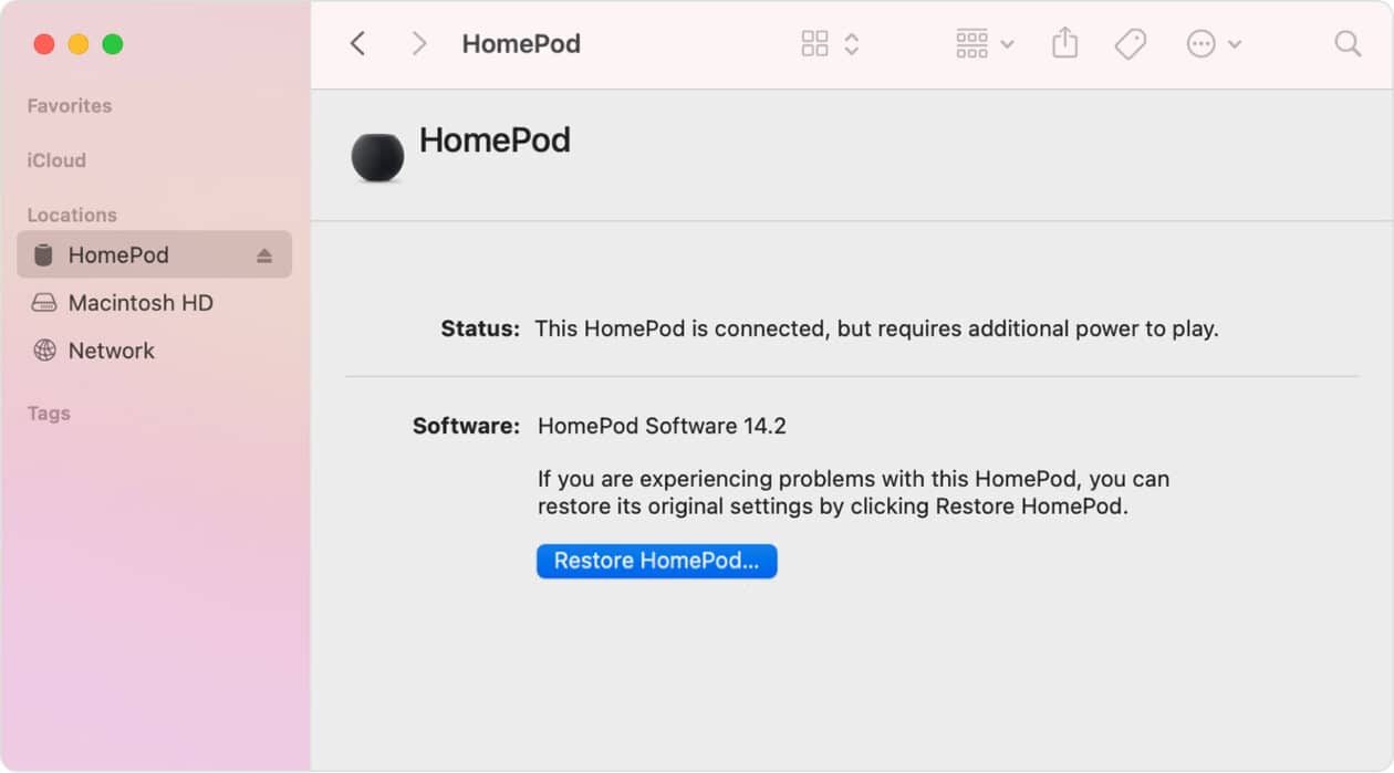 Restaurar HomePod usando o Mac