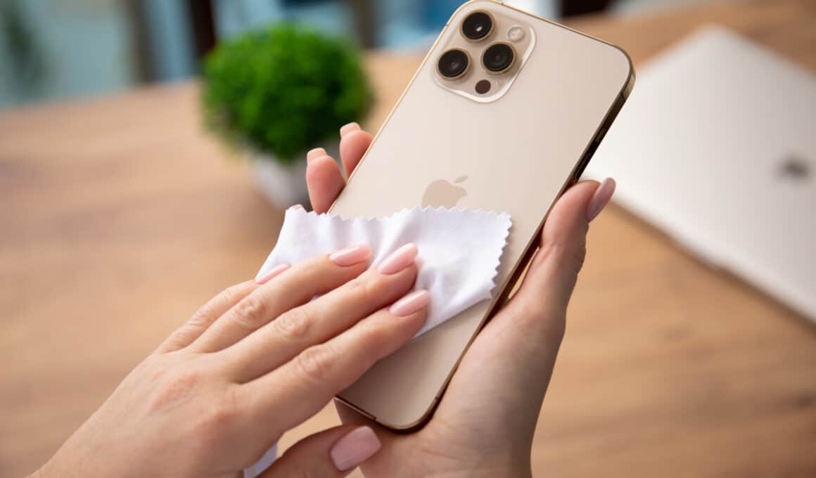 iPhone 12 Pro Max dourado sendo limpo com paninho de microfibra