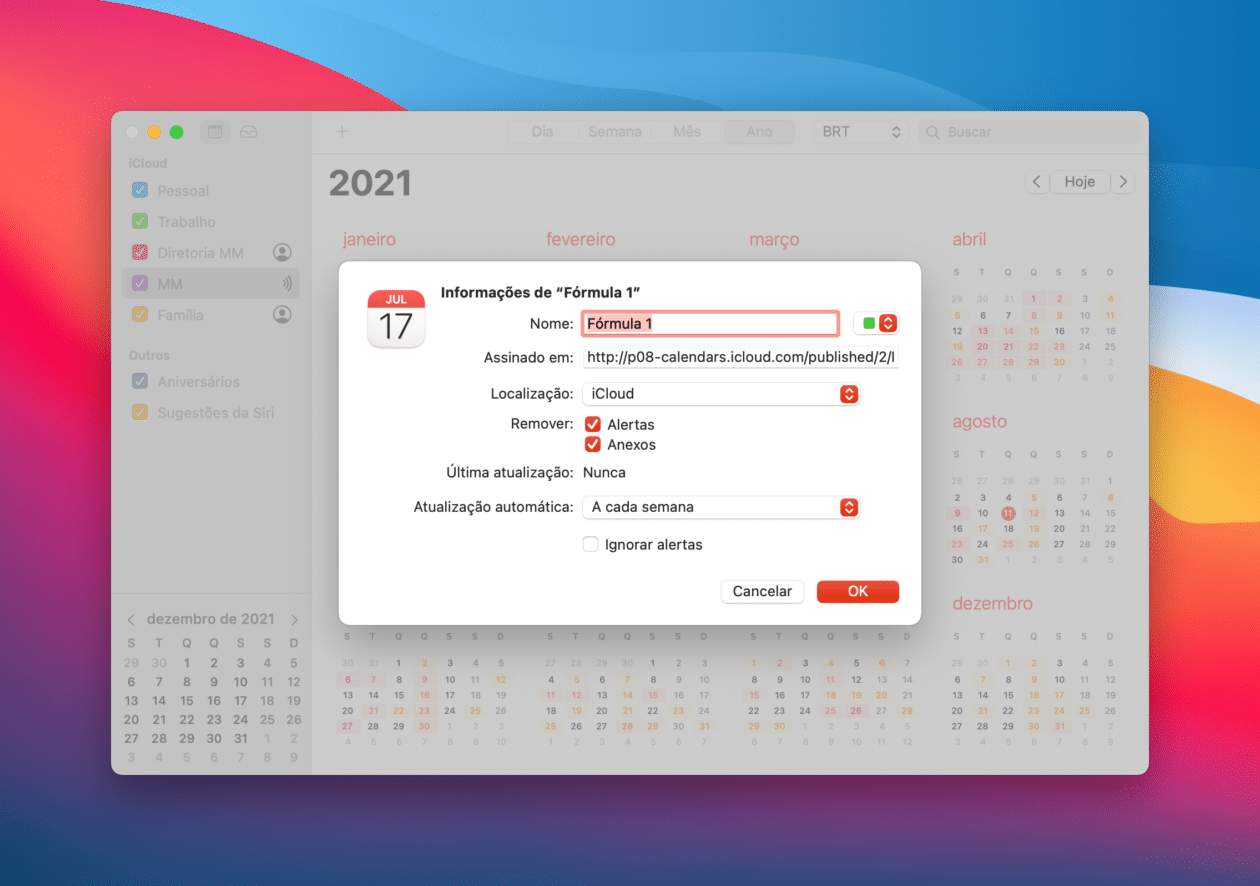Assinando calendários no Mac