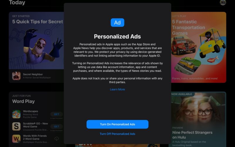 Nova caixa de Anúncios Personalizados no iOS 15