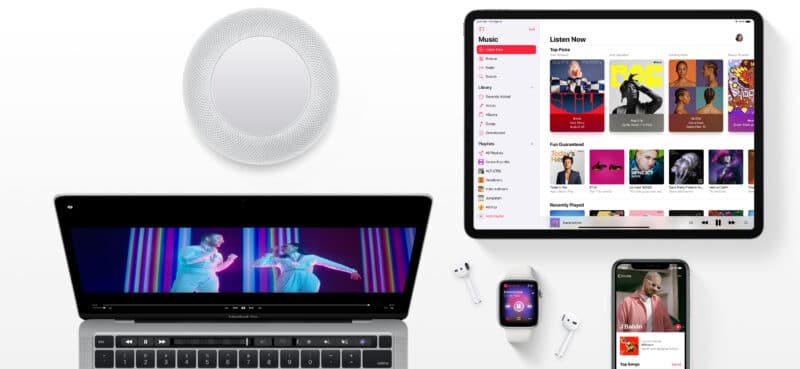 Apple Music hero com HomePod, iPad, MacBook, Apple Watch e iPhone