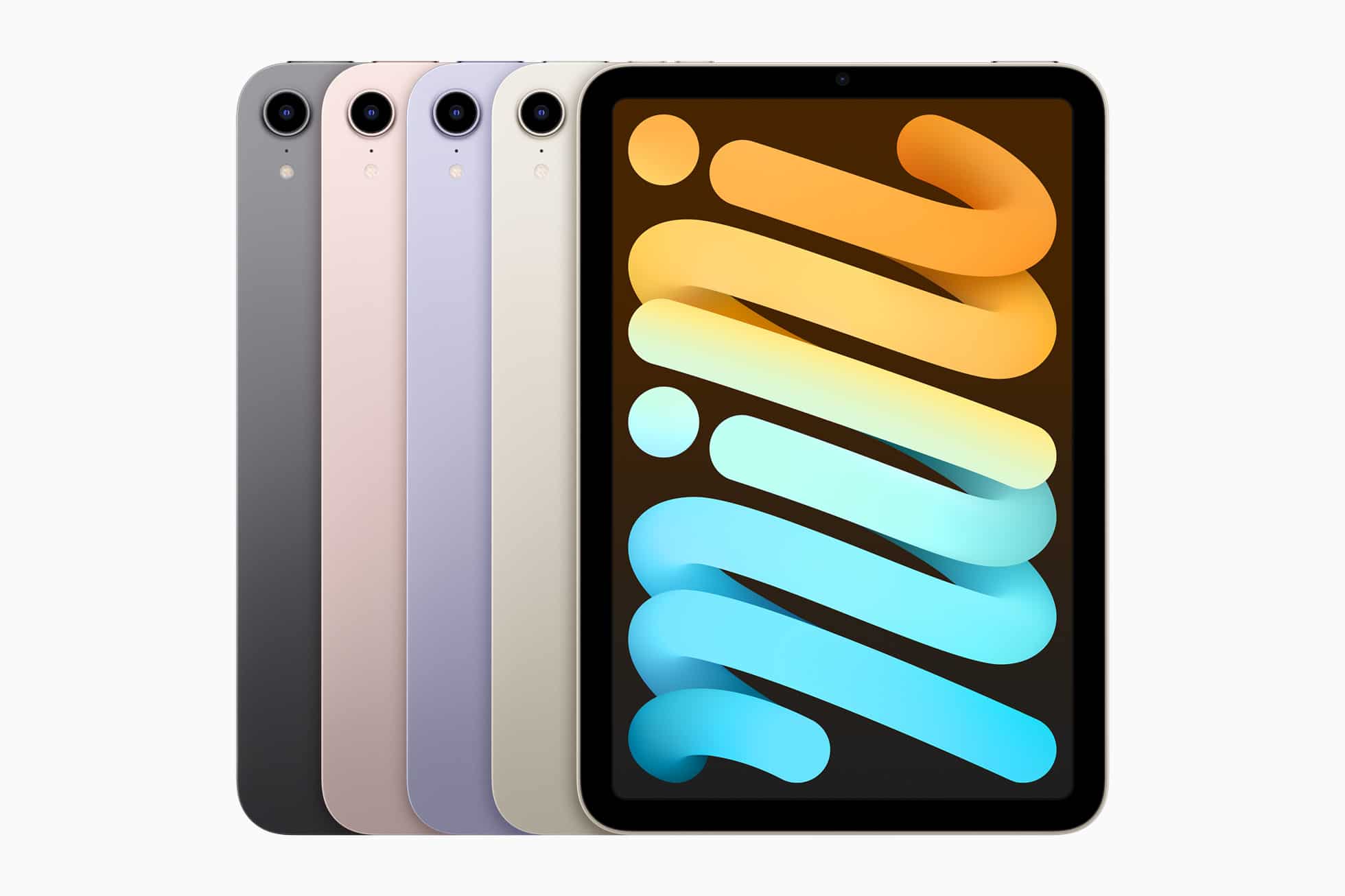 iPad mini de sexta geração de frente, em todas as cores