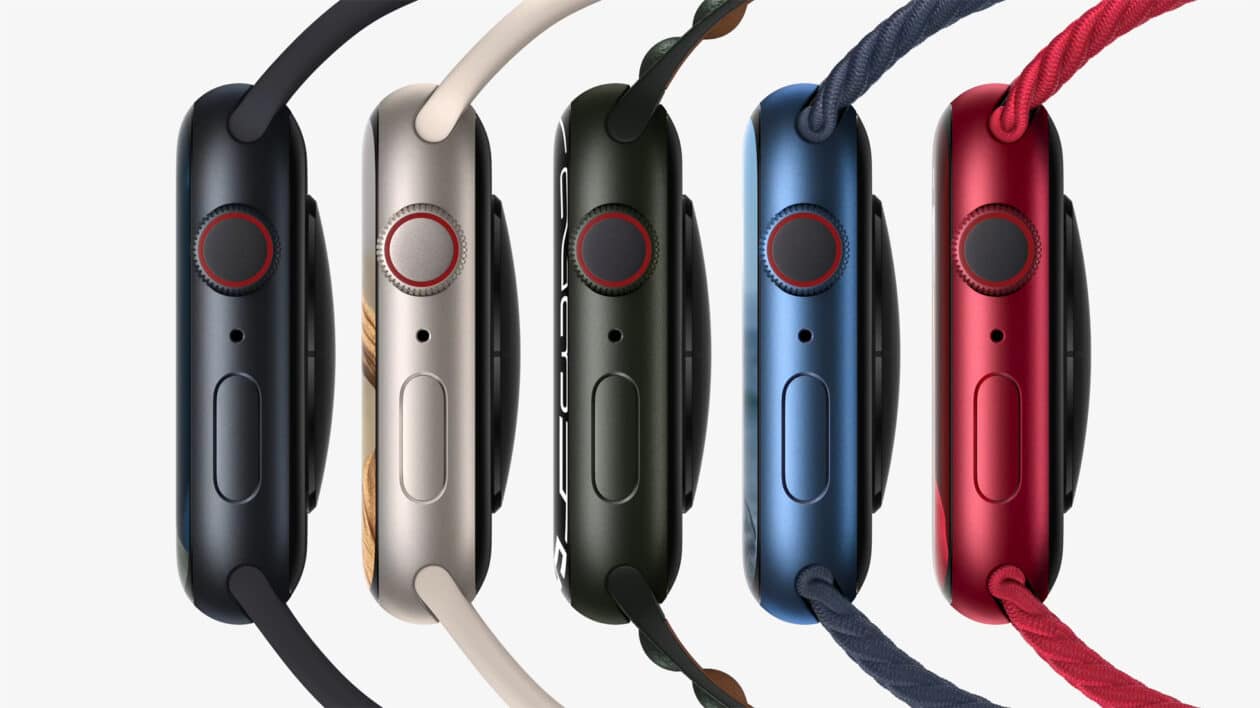 Linha de Apple Watches Series 7 de lado em várias cores