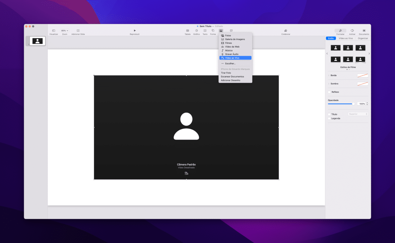 Vídeo ao Vivo no Keynote do macOS