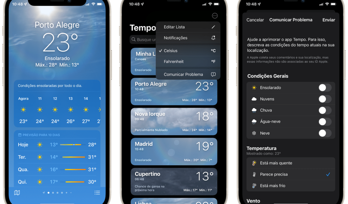 Enviar feedback do app Tempo no iOS 15