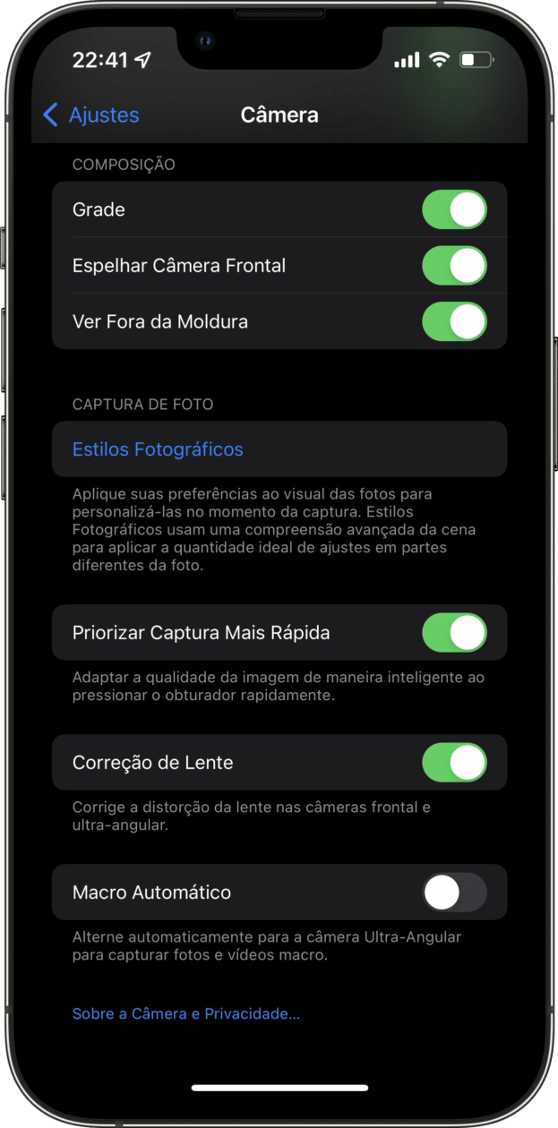 Opção "Macro Automático" do iOS 15.1