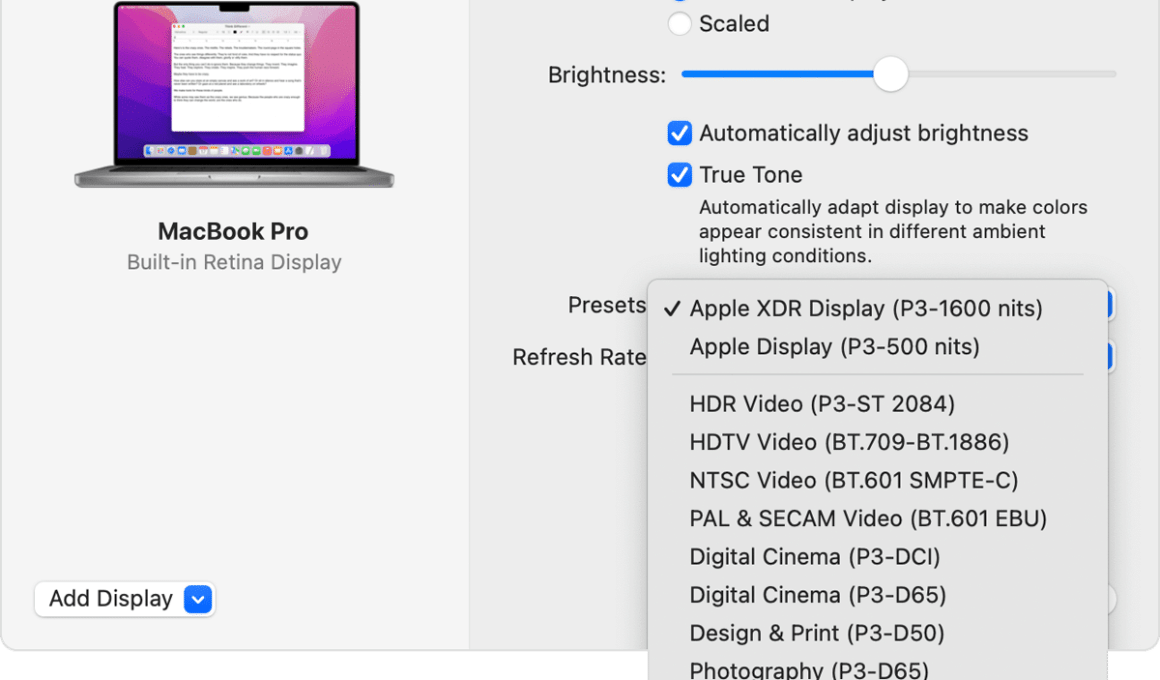 Modo de referência na tela dos novos MacBooks Pro