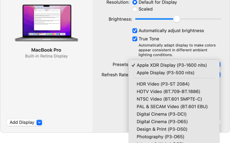 Modo de referência na tela dos novos MacBooks Pro