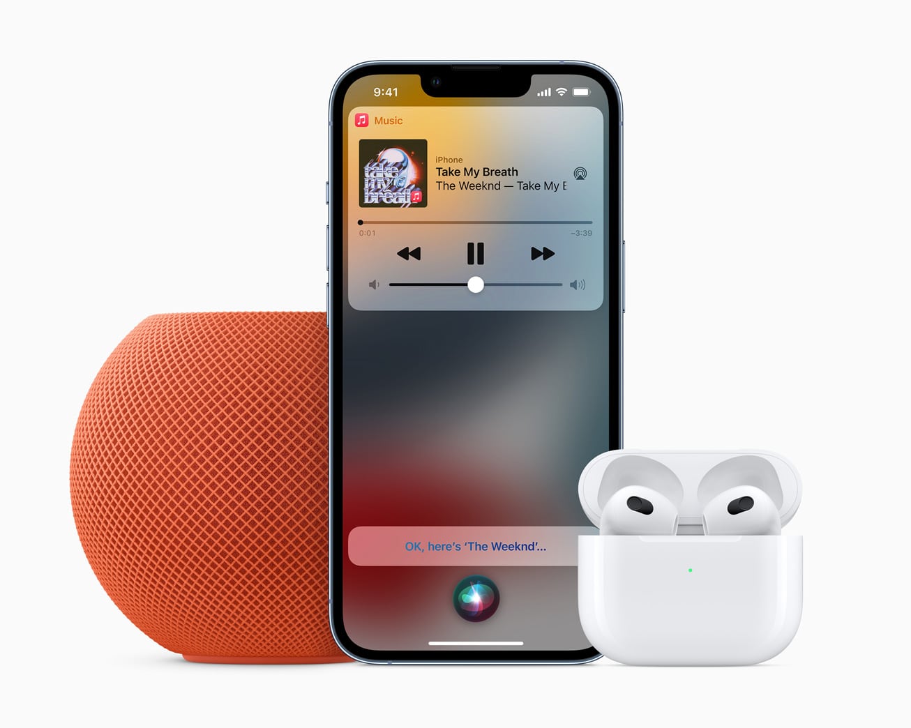 HomePod mini laranja, iPhone com Apple Music Voice Plan e AirPods de terceira geração