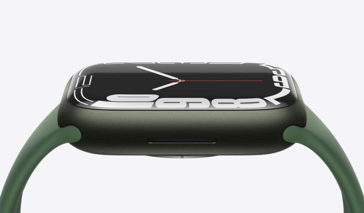 Apple Watch Series 7 de lado, na cor verde