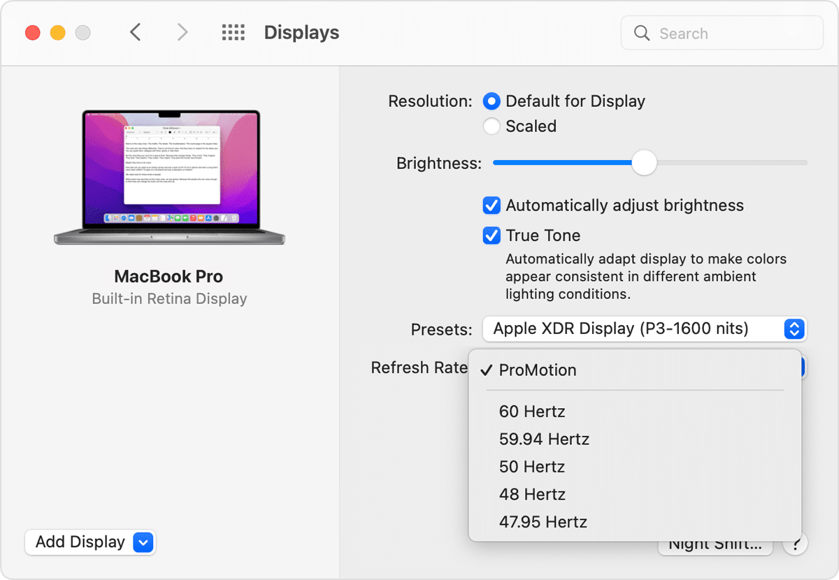 Ajustando a frequência da tela do MacBook Pro de 14"ou 16"
