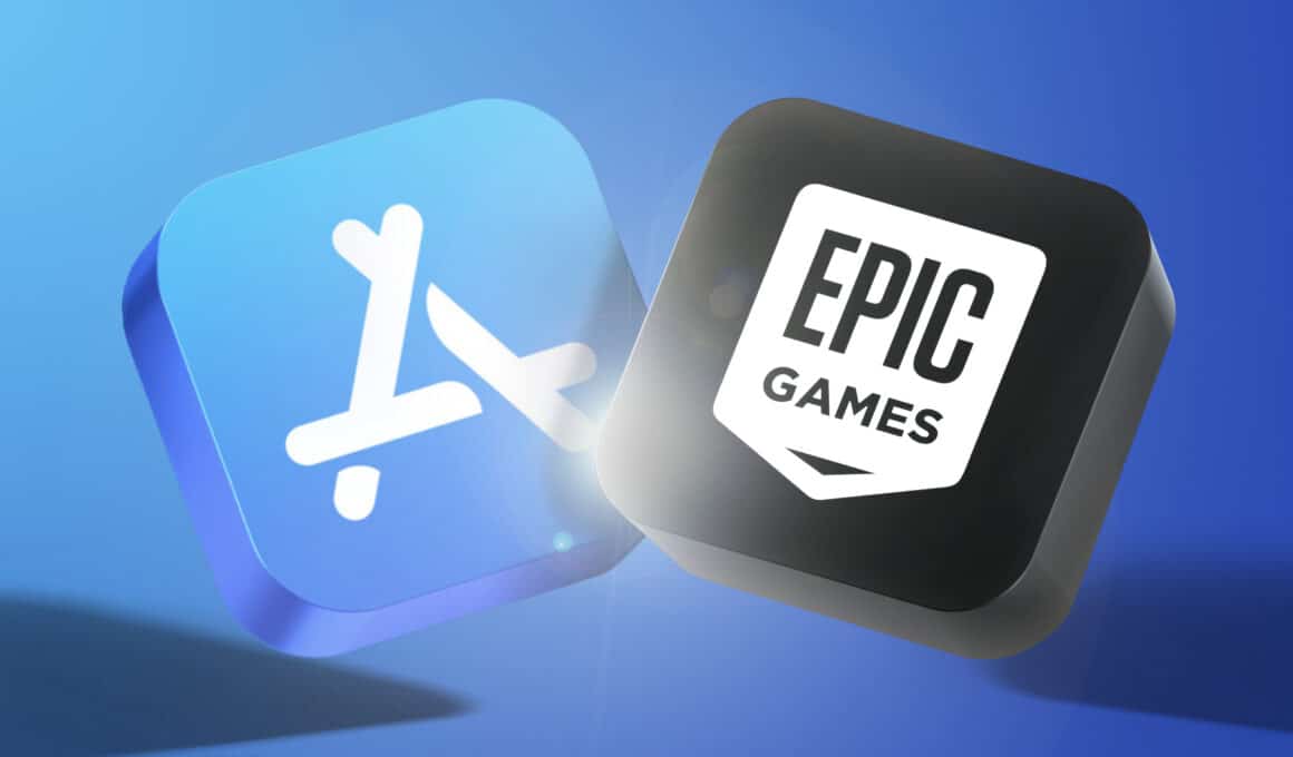 Ilustração com o logo da App Store e da Epic Games