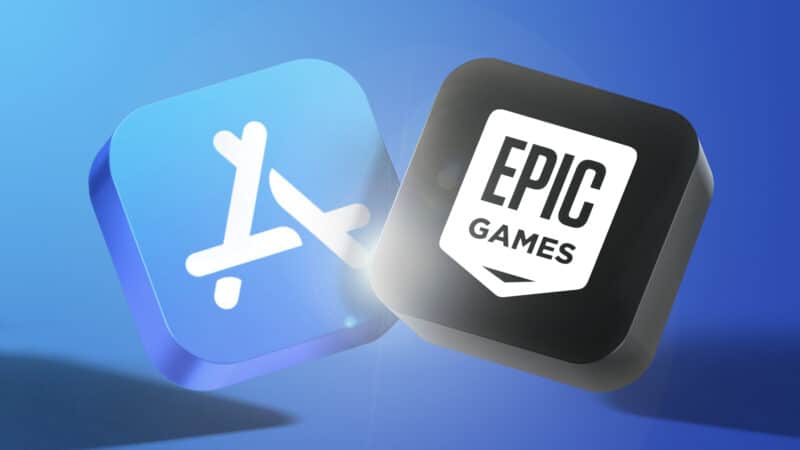 Ilustração com o logo da App Store e da Epic Games