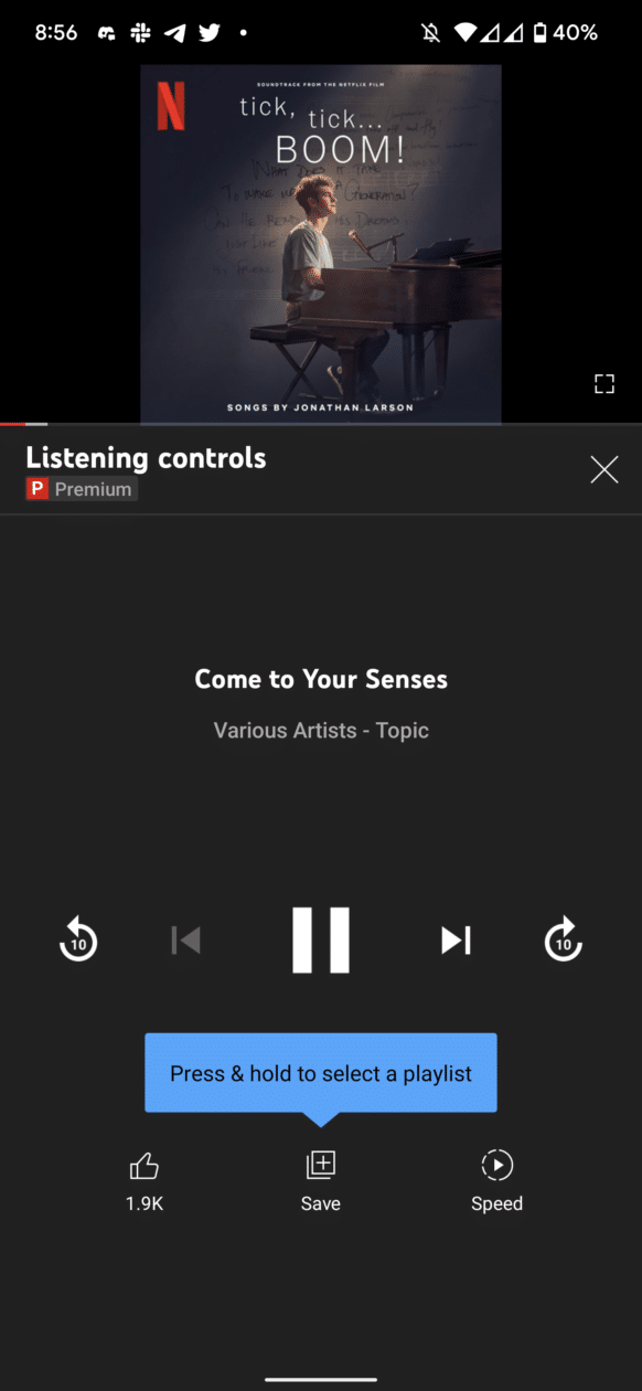 Nova interface "Listening Controls", do YouTube Premium