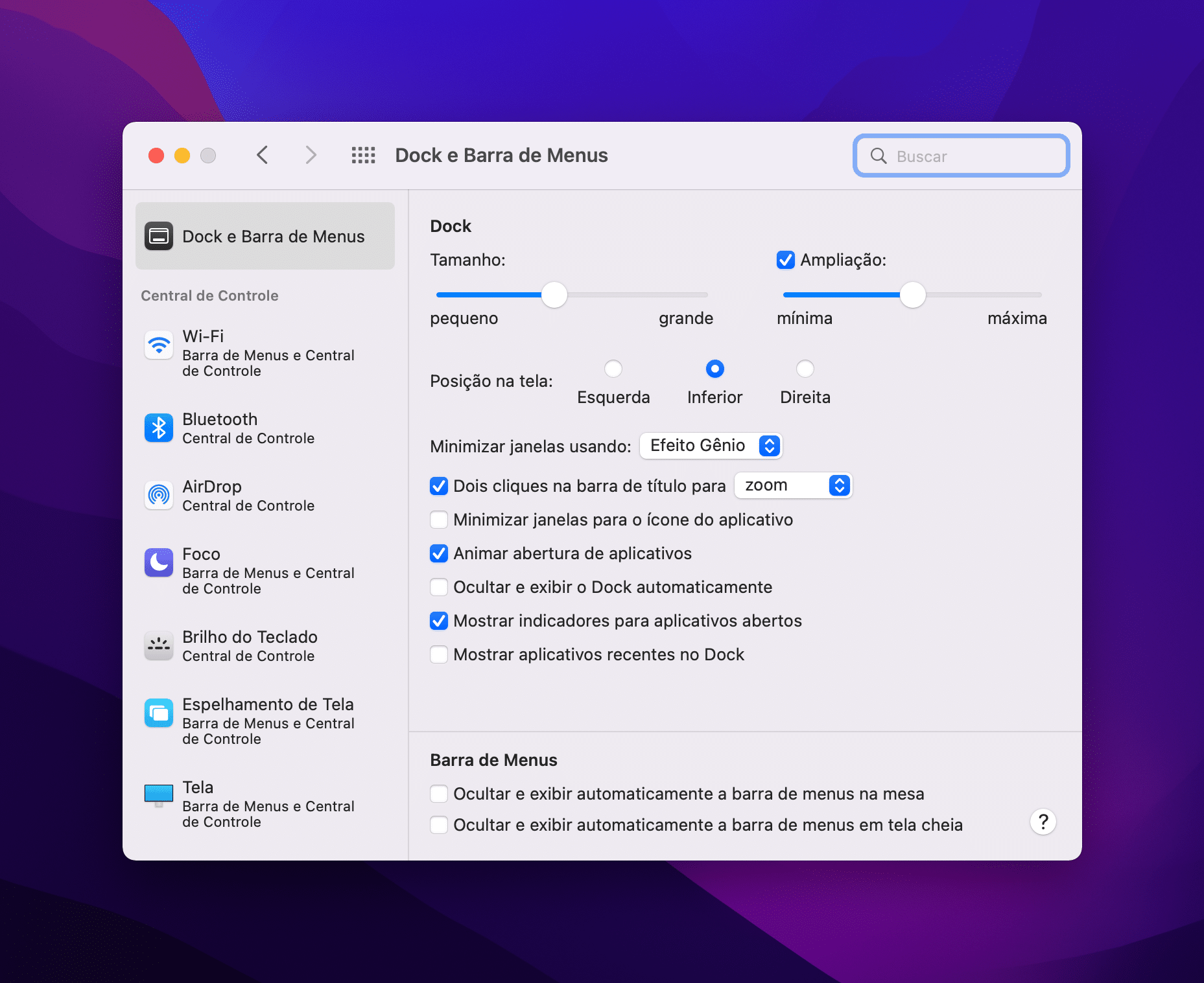 Barra de menus fixa no modo tela cheia do macOS